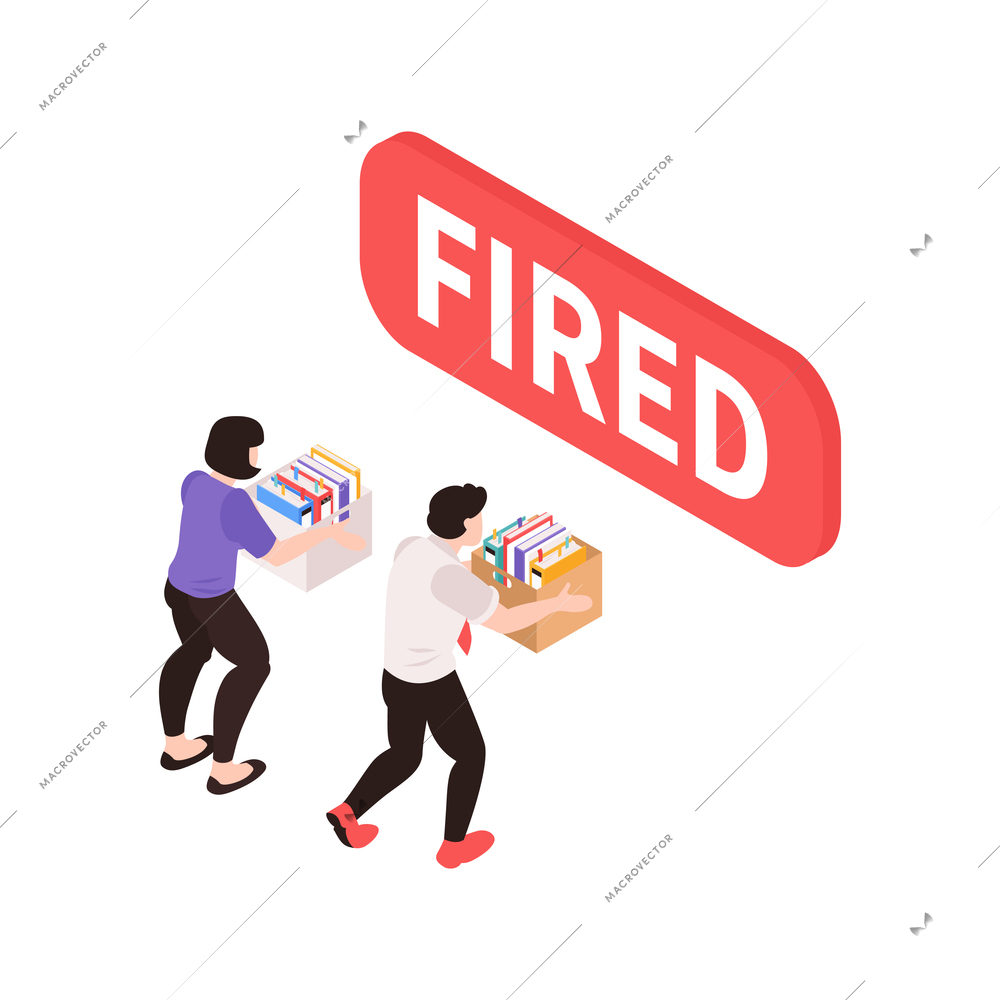 Isometric dismissal fired need job composition with characters of dislocated workers gathering things vector illustration