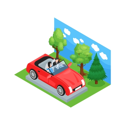 Isometric cinematography composition with fake landscape and car with actors in studio vector illustration