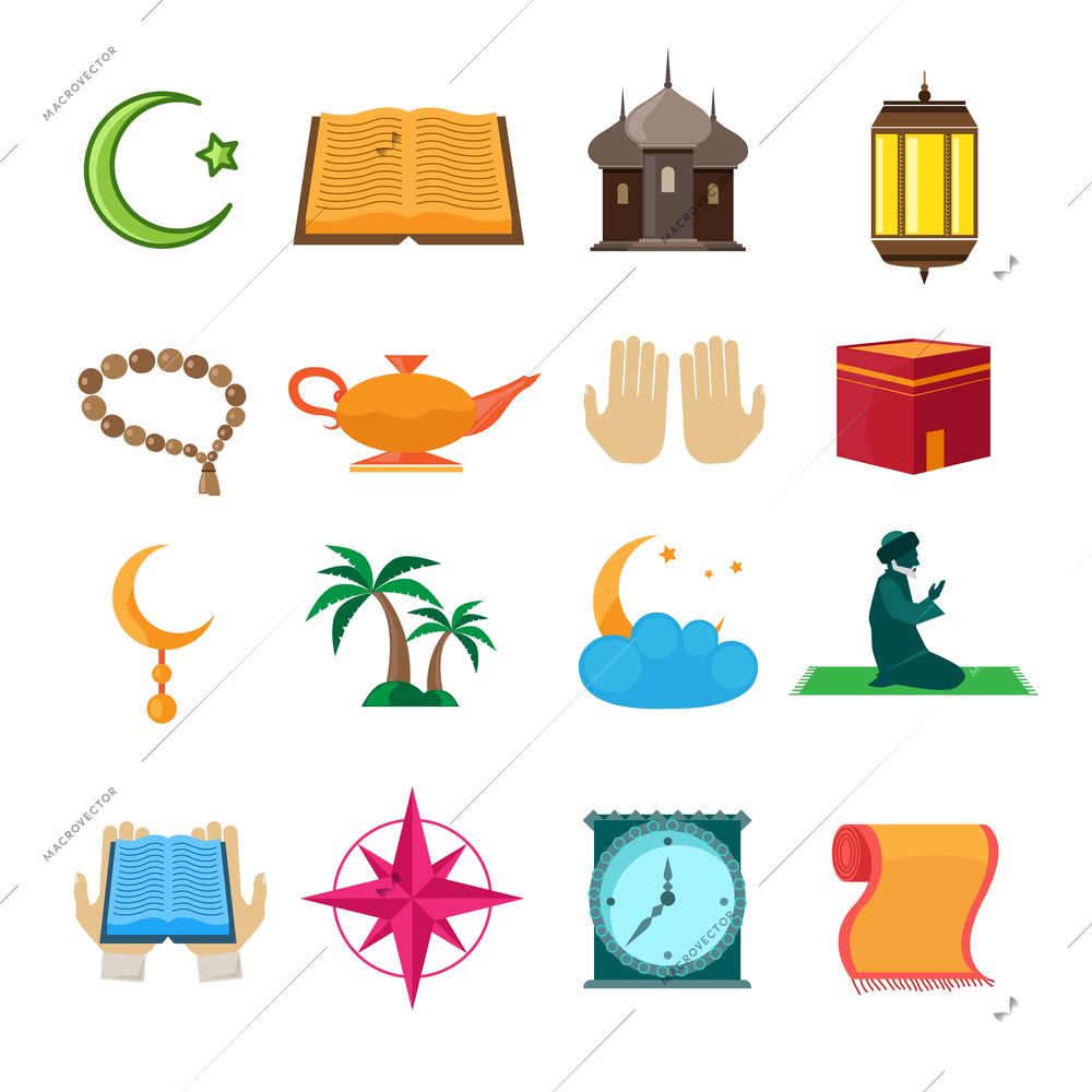 Islamic church traditional symbols icons set isolated vector illustration