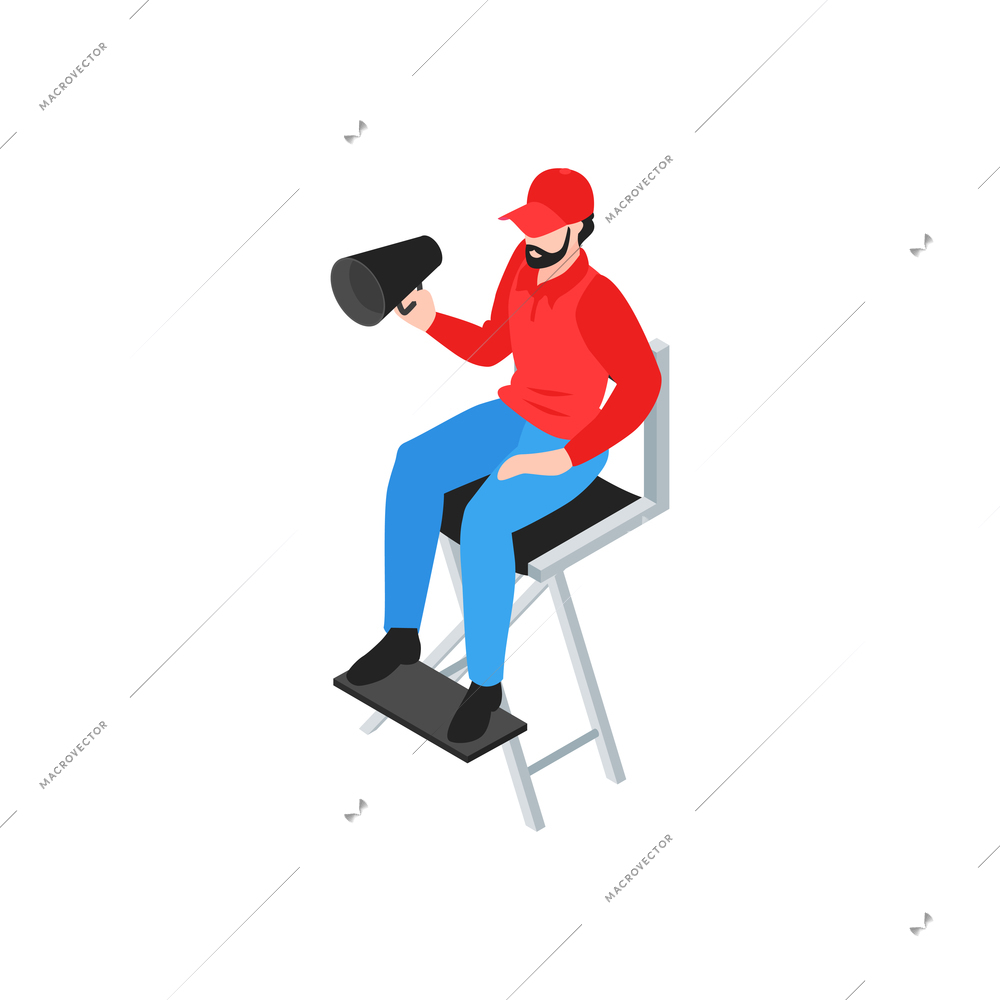 Isometric cinematography composition with isolated character of cinema director on chair with megaphone vector illustration