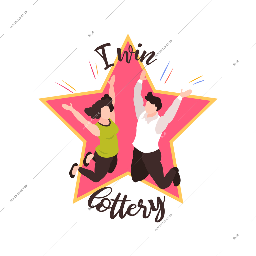 Isometric fortune lottery win composition with star text and characters of jumping people vector illustration