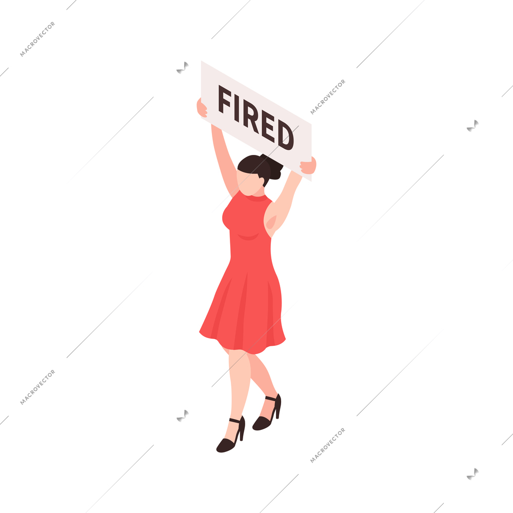 Isometric dismissal fired need job composition with female character holding text placard vector illustration