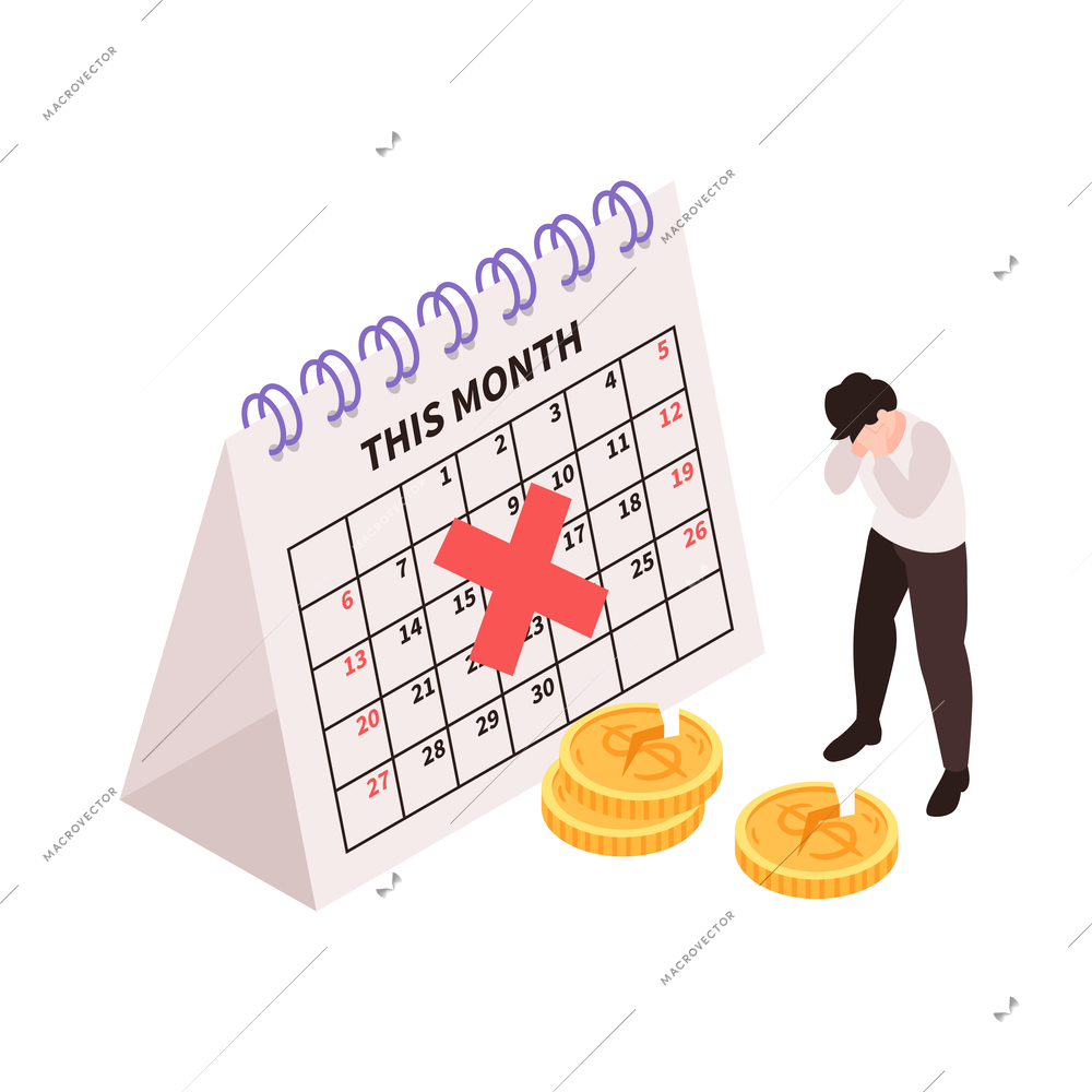 Isometric dismissal fired need job composition with image of calendar cross mark and few money vector illustration