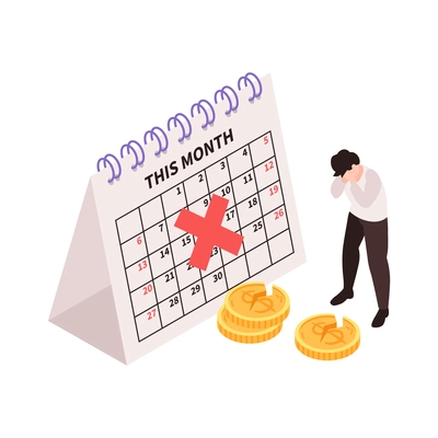 Isometric dismissal fired need job composition with image of calendar cross mark and few money vector illustration