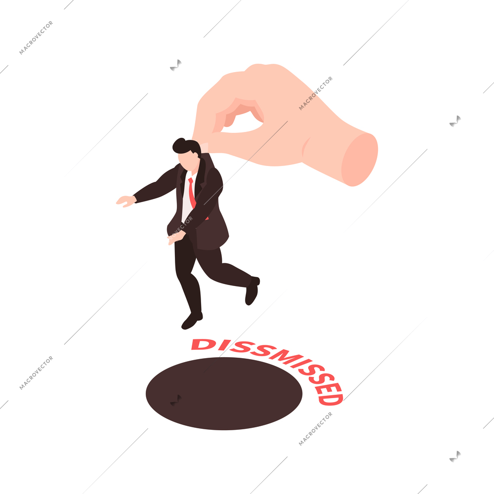 Isometric dismissal fired need job composition with character of redundant worker in human fingers vector illustration
