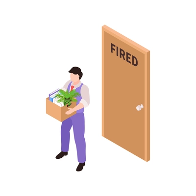 Isometric dismissal fired need job composition with character of redundant worker behind office door vector illustration