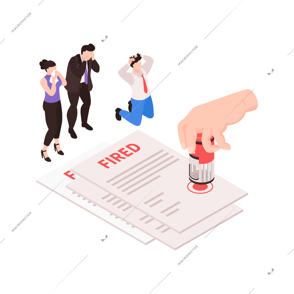 Isometric dismissal fired need job composition with distracted worker characters and contract with stamp vector illustration