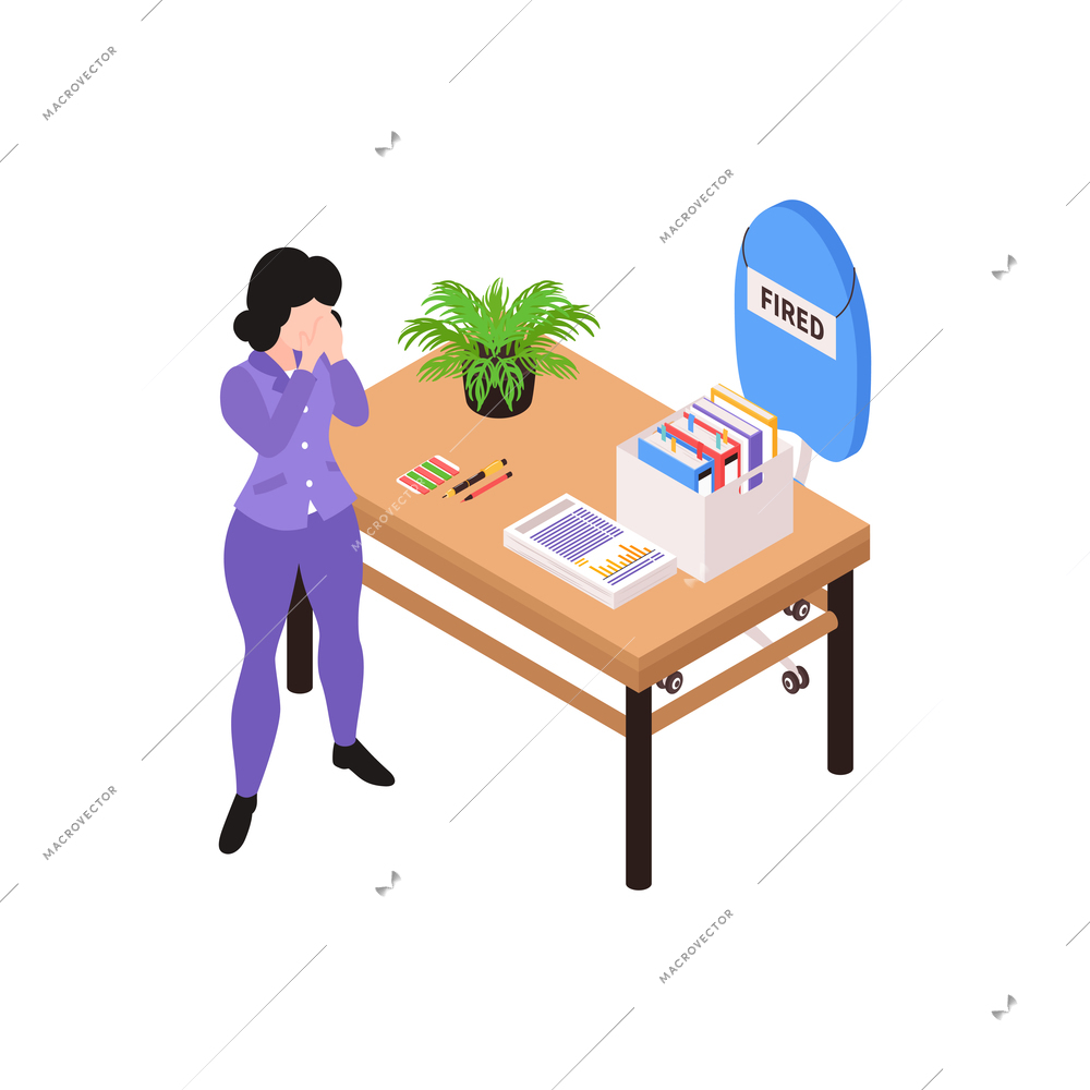 Isometric dismissal fired need job composition with view of unhappy employee at working place vector illustration