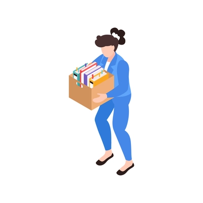 Isometric dismissal fired need job composition with character of redundant woman with box of items vector illustration