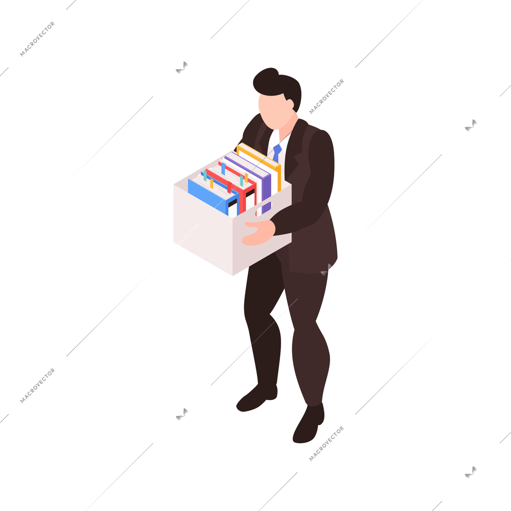 Isometric dismissal fired need job composition with character of redundant worker holding box with items vector illustration