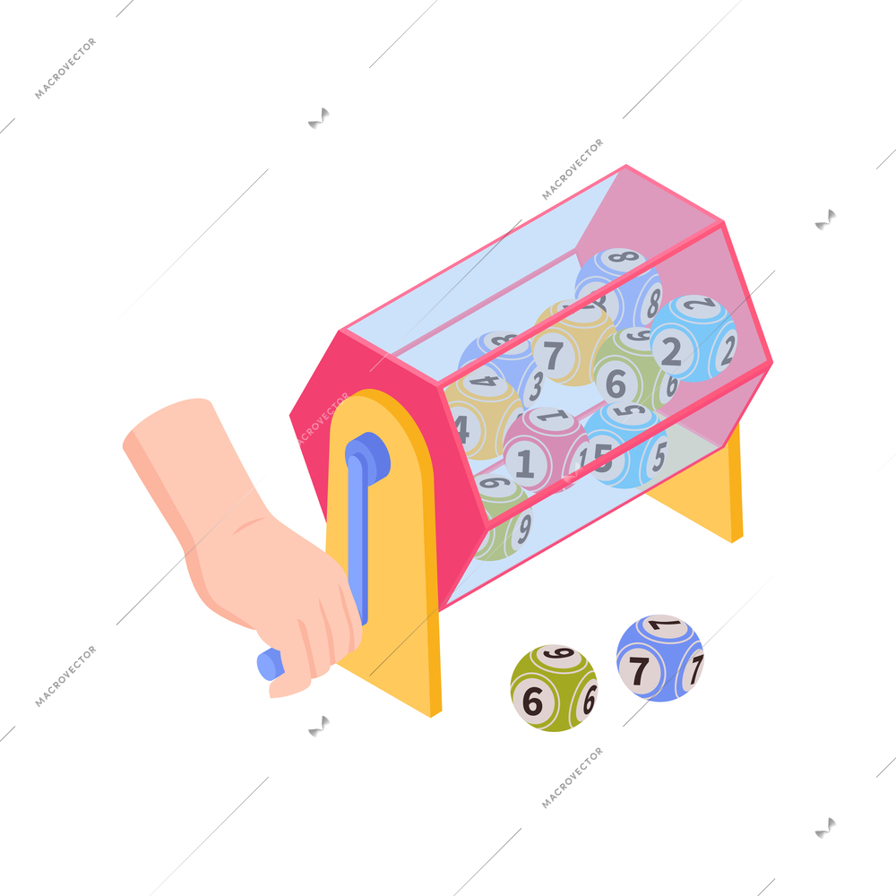 Isometric fortune lottery win composition with isolated image of lottery drum with balls and handle vector illustration