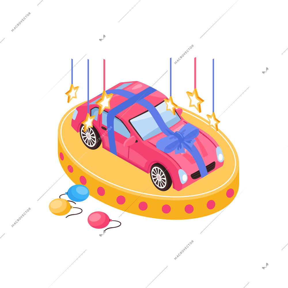 Isometric fortune lottery win composition with isolated image of prize car with ribbons vector illustration