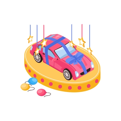 Isometric fortune lottery win composition with isolated image of prize car with ribbons vector illustration