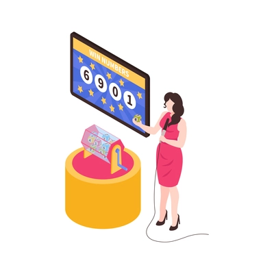 Isometric fortune lottery win composition with isolated image of pretty woman with lottery drum vector illustration