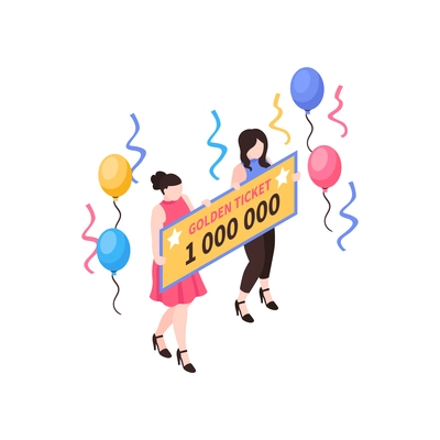 Isometric fortune lottery win composition with characters of man and woman holding big prize ticket vector illustration