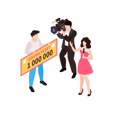 Isometric fortune lottery win composition with lucky winner holding prize ticket reporter and cameraman vector illustration