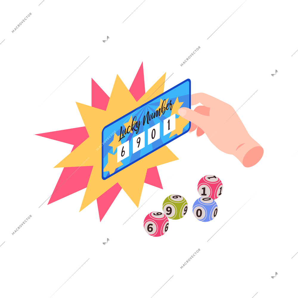 Isometric fortune lottery win composition with prize ticket with numbers on lottery balls vector illustration