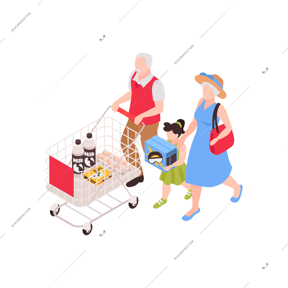 Isometric generation family composition with isolated human characters of kids and grandparents with trolley cart vector illustration