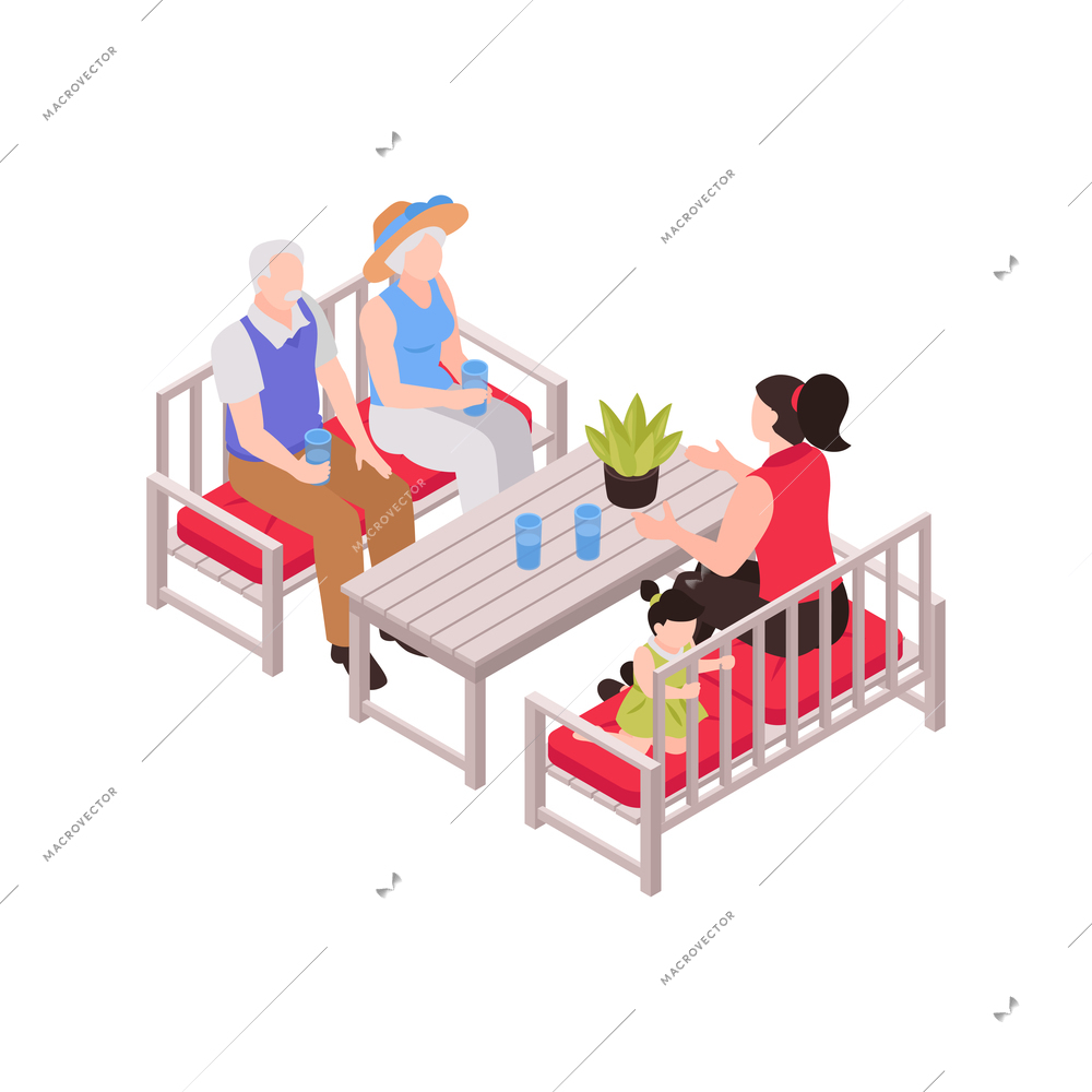 Isometric generation family composition with girl and her mother with grandparents at table vector illustration