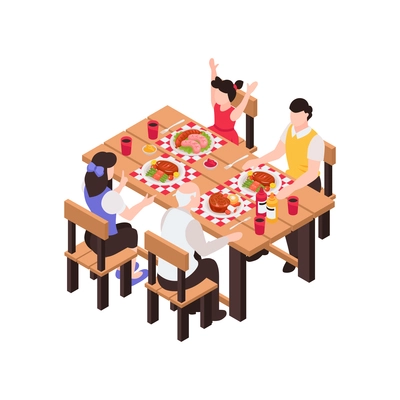 Isometric generation family composition with relatives sitting at table eating food vector illustration