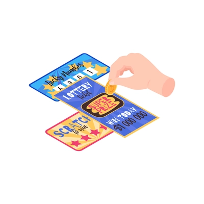 Isometric fortune lottery win composition with isolated image of prize tickets with hand vector illustration