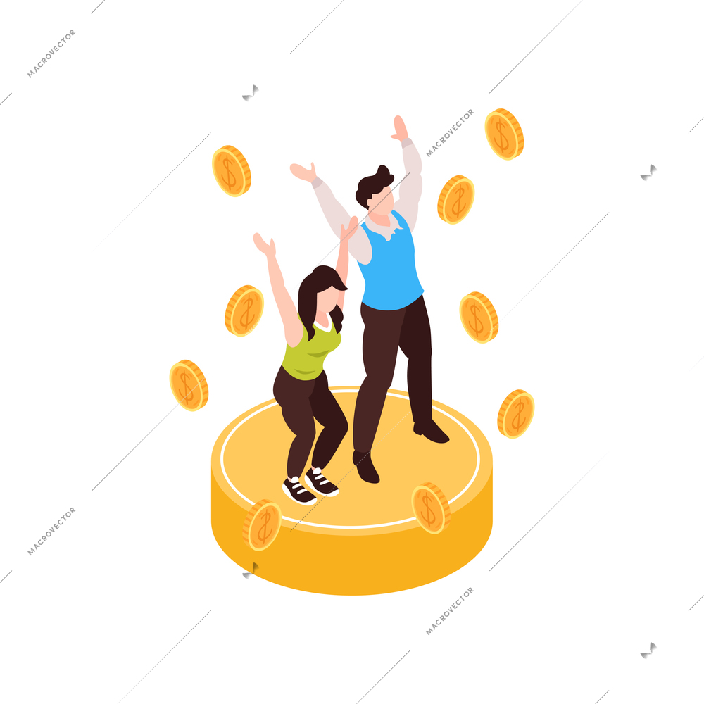 Isometric fortune lottery win composition with lucky winners on podium with falling coins vector illustration