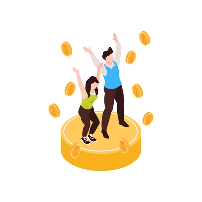 Isometric fortune lottery win composition with lucky winners on podium with falling coins vector illustration