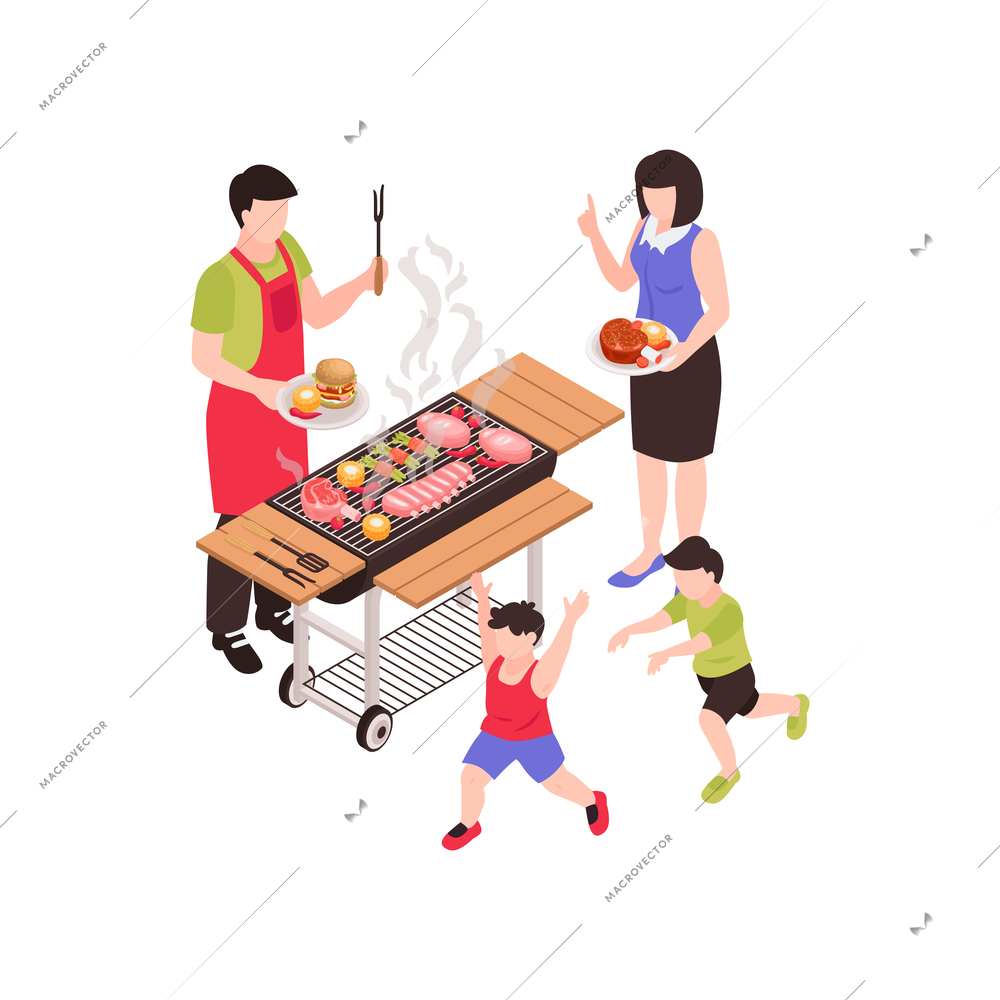 Isometric generation family composition with kids and parents making bbq vector illustration