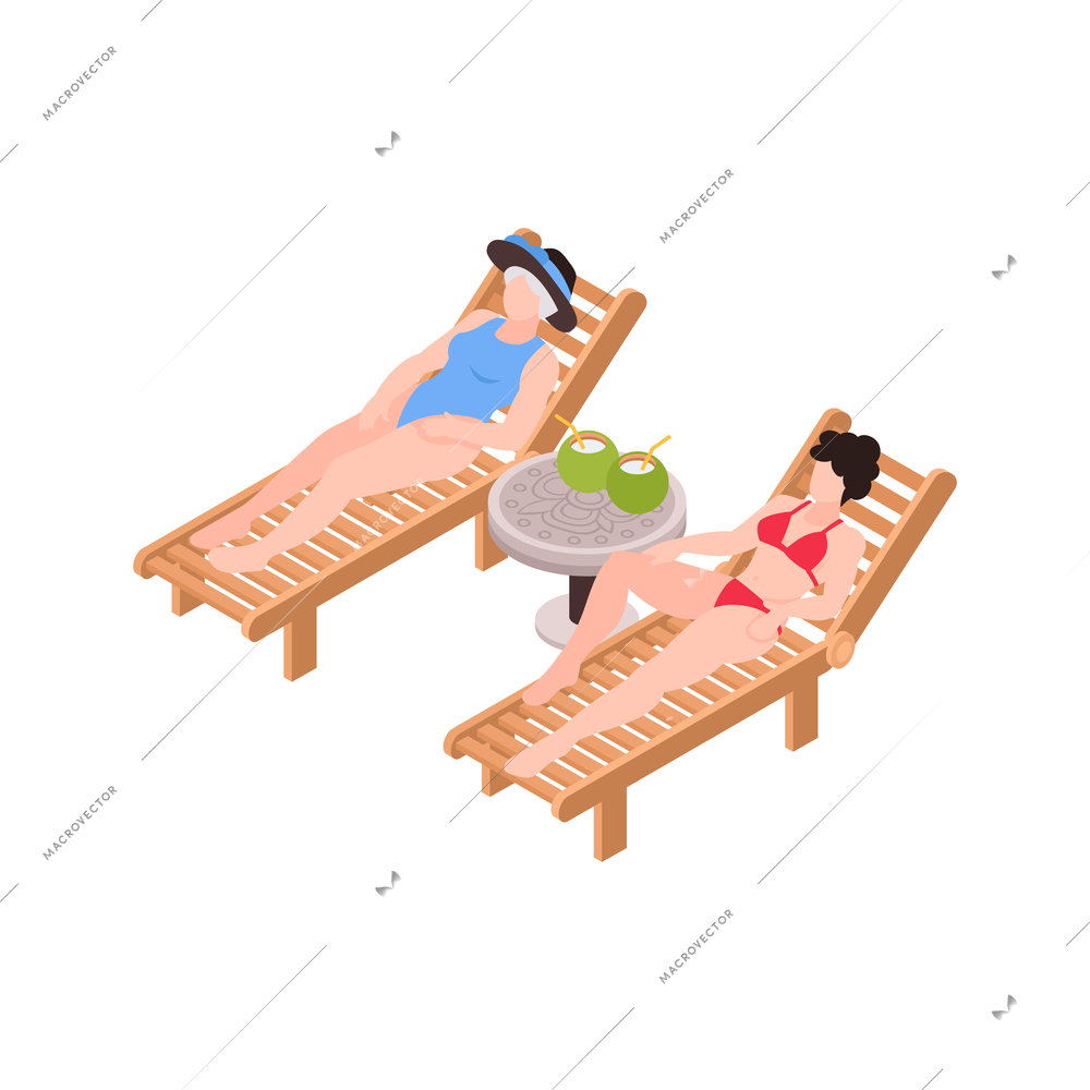 Isometric generation family composition with isolated human characters of woman sunbathing with her mother vector illustration