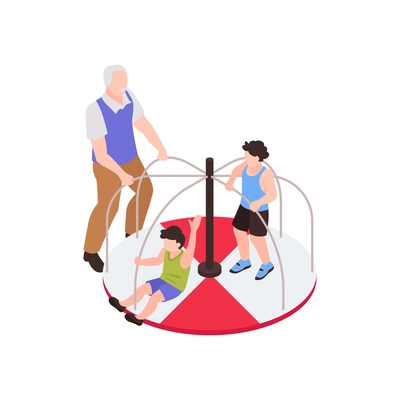 Isometric generation family composition with isolated human characters of senior man with children on carousel vector illustration