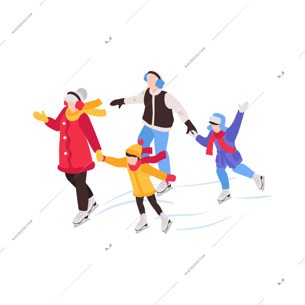 Isometric generation family composition with isolated human characters of family members skating on ice vector illustration