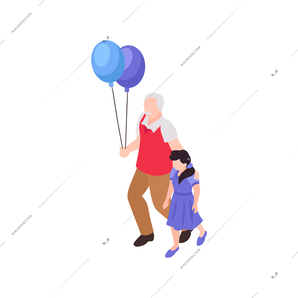 Isometric generation family composition with isolated human characters of small girl and senior man with balloons vector illustration