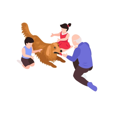 Isometric generation family composition with isolated human characters of kids and adult with dog vector illustration