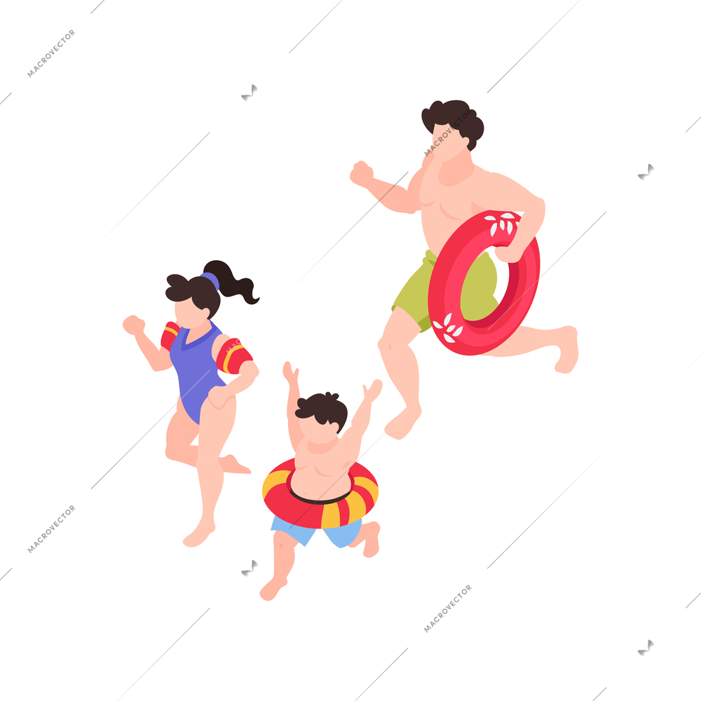 Isometric generation family composition with isolated human characters of running adult and kids with inflatable rings vector illustration
