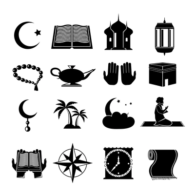 Islamic church muslim spiritual traditional symbols black icons set isolated vector illustration