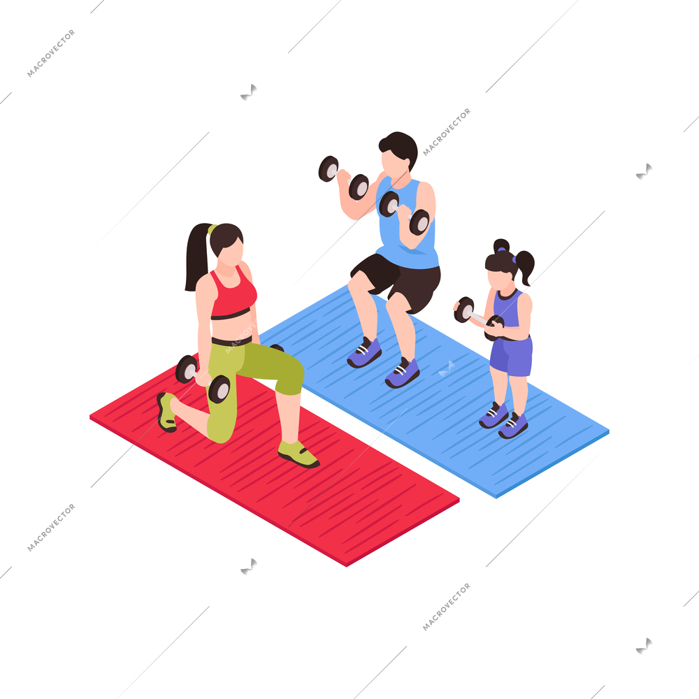 Isometric generation family composition with isolated human characters of parents and daughter with barbells vector illustration