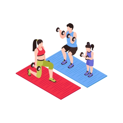 Isometric generation family composition with isolated human characters of parents and daughter with barbells vector illustration