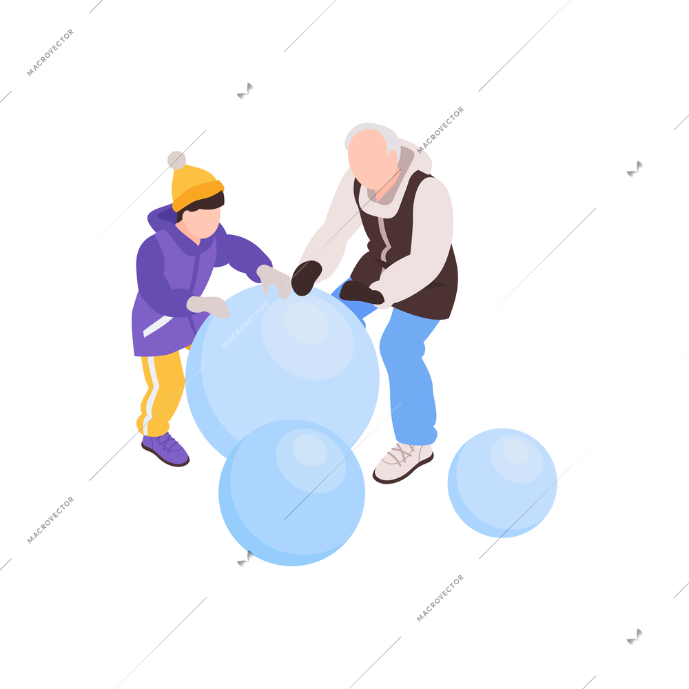 Isometric generation family compositionwith isolated human characters of boy and grandfather making snowman vector illustration