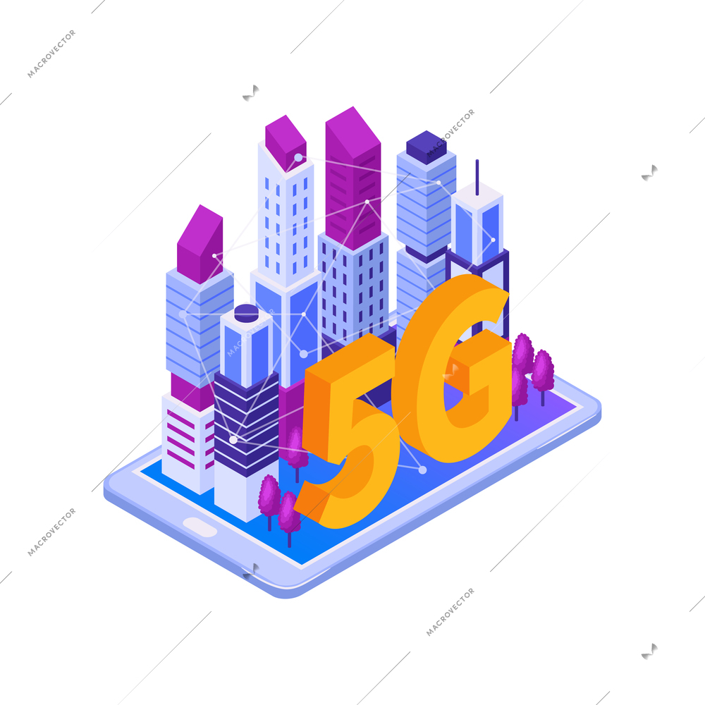 Isometric 5g internet composition with icons of high speed internet with modern buildings on gadget screen vector illustration