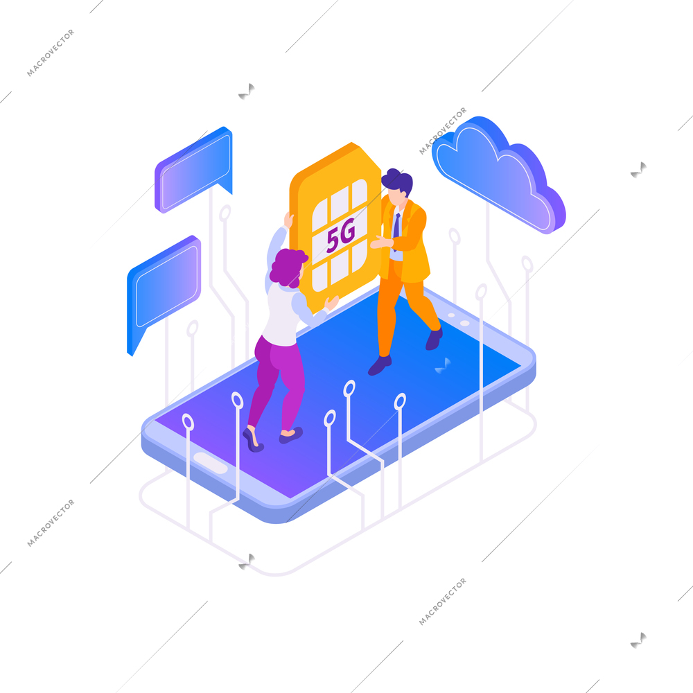 Isometric 5g internet composition with icons of high speed internet with people holding sim card on gadget screen vector illustration