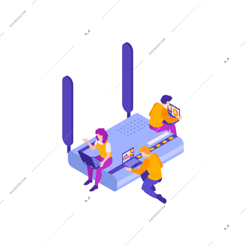 Isometric 5g internet composition with icons of high speed internet with gadgets and people vector illustration