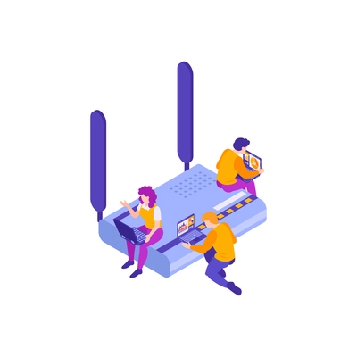 Isometric 5g internet composition with icons of high speed internet with gadgets and people vector illustration