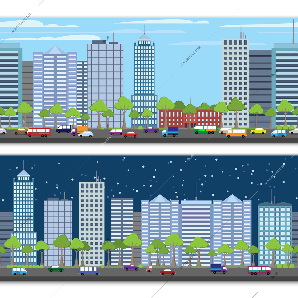 Modern urban building on street cityscape skyline tileable borders set isolated vector illustration