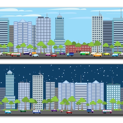 Modern urban building on street cityscape skyline tileable borders set isolated vector illustration