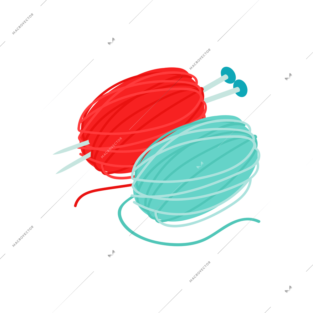 Isometric knitting composition with isolated images of knitting clews with needles vector illustration