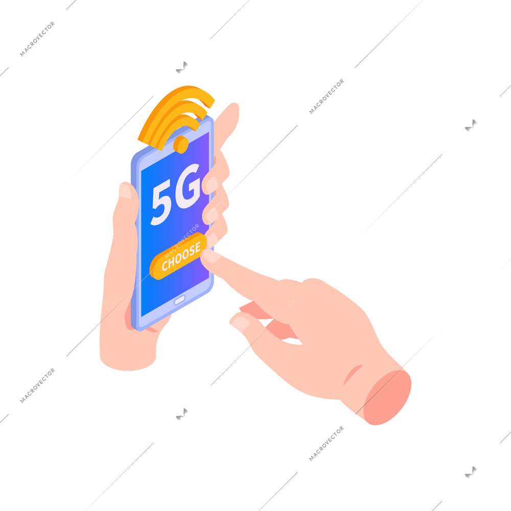 Isometric 5g internet composition with icons of high speed internet with hand touching smartphone screen vector illustration