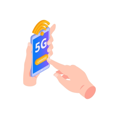 Isometric 5g internet composition with icons of high speed internet with hand touching smartphone screen vector illustration