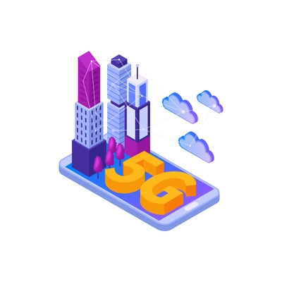 Isometric 5g internet composition with icons of high speed internet with modern buildings on gadget screen vector illustration