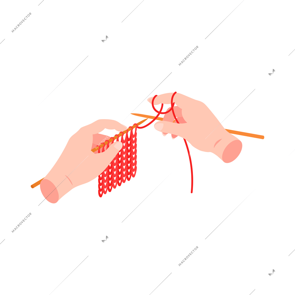 Isometric knitting composition with isolated image of hand made knitted product and hands vector illustration