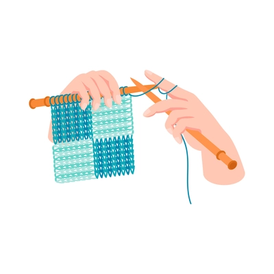 Isometric knitting composition with isolated image of hand made knitted product and hands vector illustration